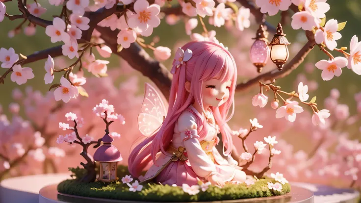 Magic garden miniature scene, Delicate cherry、Softly glowing cherry blossoms、Illuminated by happy smiling miniatures. 8K Autorealist,Cherry tree in full bloom、girl cherry blossom fairy、、3 heads and bodies、Rear view