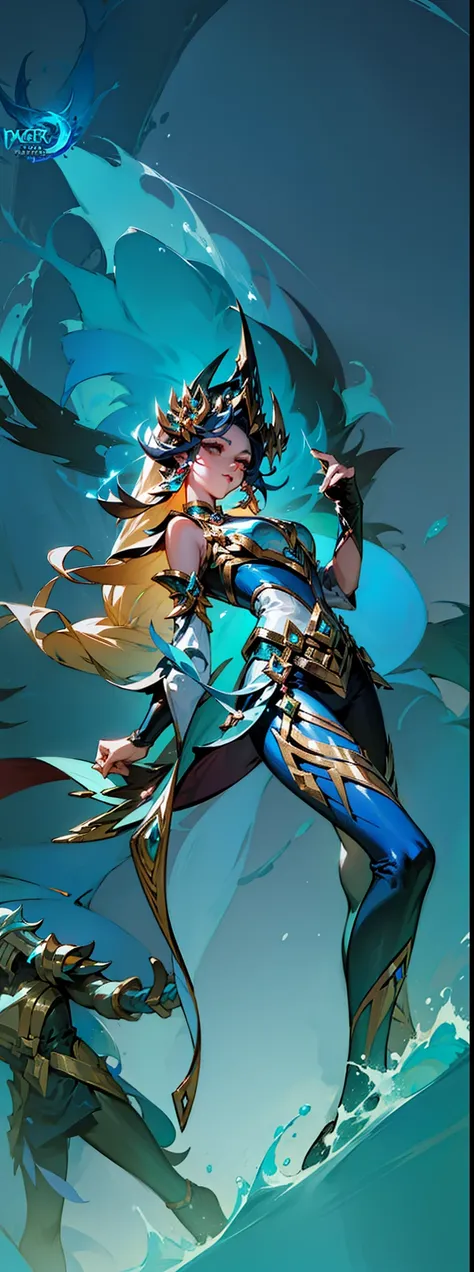 A female character, Queen of the Sea Mu Yanling, character splash art, League of Legends style, League of Legends art style, wild rift, Legends of Runeterra, mobile legends, g liulian art style, Official splash art,In the sea，huge waves，League of Legends a...