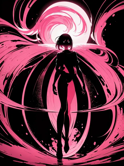 (silhouette:1.25),1girl,dark background,blacklight,mid shot,full body,somber expression,looking down,dark energy,vibrant magenta,portal to another world,flat color,flat shading,ultra realistic,highres,superb,8k wallpaper,extremely detailed,intricate,limite...