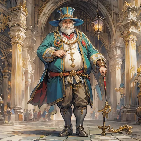 a middle-aged man，European medieval royal nobles，Wearing gorgeous satin clothes，wearing a hat，Cane，The body is a bit fat，Stand with a puffy belly，Looking very proud。Medium shot composition，full body picture，characters and scenes，Game concept art style，Anim...