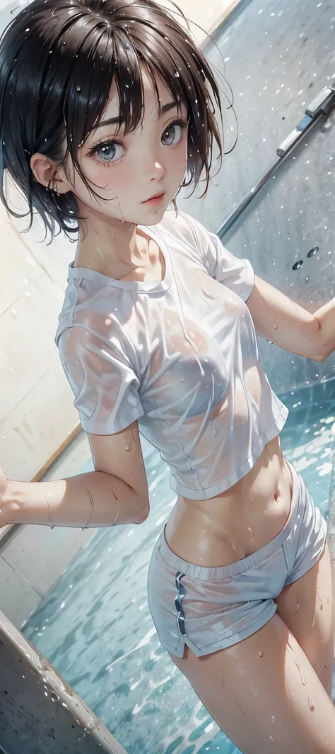 cute girl . Very kawaii , round face . alone , Slim , medium breasts , short and small . shiny skin . Pure white tube top T-shirt . shorts . dynamic poses . dynamic angle . No background , White background , looking at the audience,(((Wet clothing)))