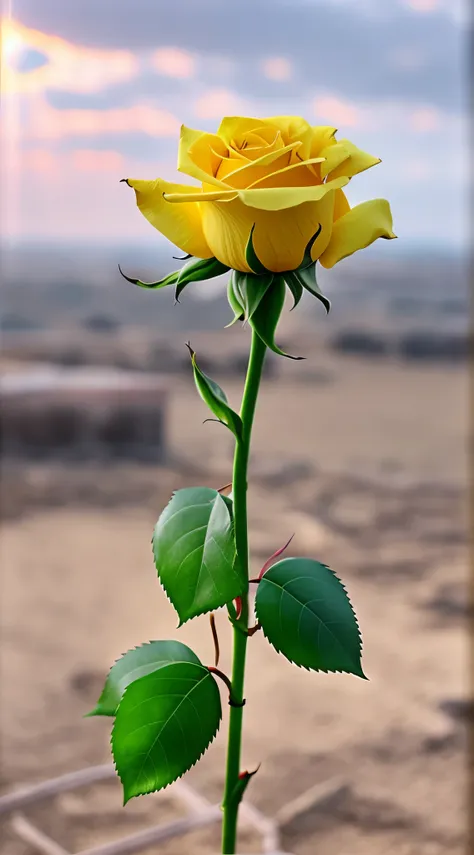 a yellow rose，Roses swaying in the wind HD quality，flower，imagine，sunset background