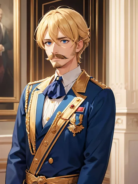 King standing in the royal palace,Medium hair, mustache, 35 years old, blonde hair, blue eyes, royal clothes, ultra detailed,close up photo,looking away,slight smile