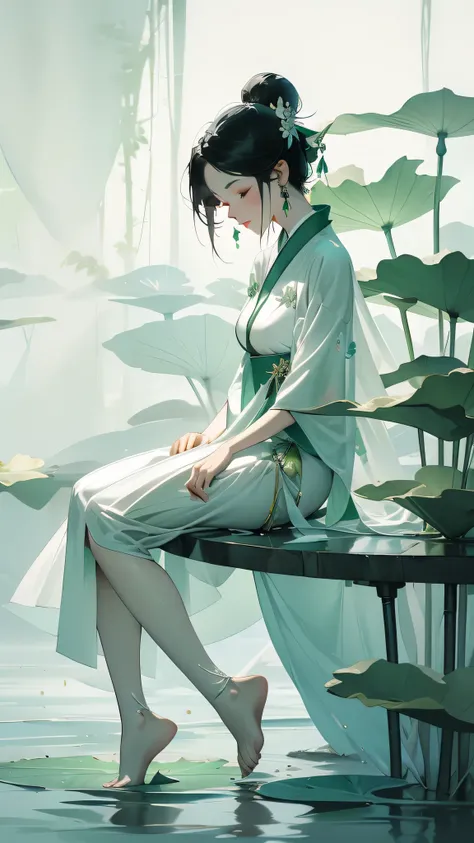 a pod filled with lotus flowers, Sitting happily on the lotus leaf of the pod, huge lotus leaf, barefoot, Wearing white and green Hanfu, light and shadow, masterpiece