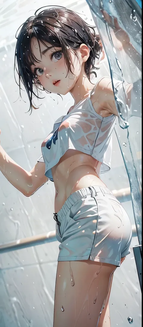 cute girl . Very kawaii , round face . alone , Slim , medium breasts , short and small . shiny skin . Pure white tube top T-shirt . shorts . dynamic poses . dynamic angle . No background , White background , looking at the audience,(((Wet clothing)))