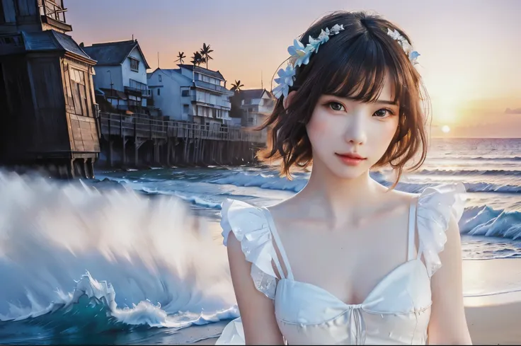 The background is the beach at sunset、mysterious beautiful woman、mysterious facial expression、looking at me、white dress、precise watercolor painting、abstract expression、fairy tale、 ((The face is realistic and beautiful)) ((highest quality)), ((high resoluti...