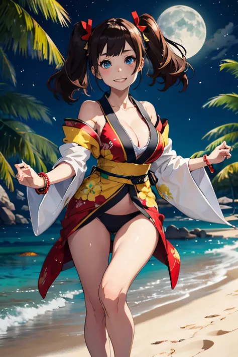 (Girl wearing a mini-length kimono with red, black, and yellow color scheme), detailed blue eyes, cleavage, red obi, ribbons in twin tails, brown hair, bare feet with red thong sandals, attractive thighs , lively movement, beaded bracelet, moonlit sandy be...