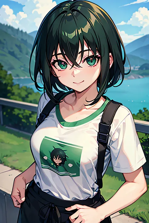 fubuki from one punch man anime, wearing tshirt and joggers , dark green hair ,cute smile, beautiful background