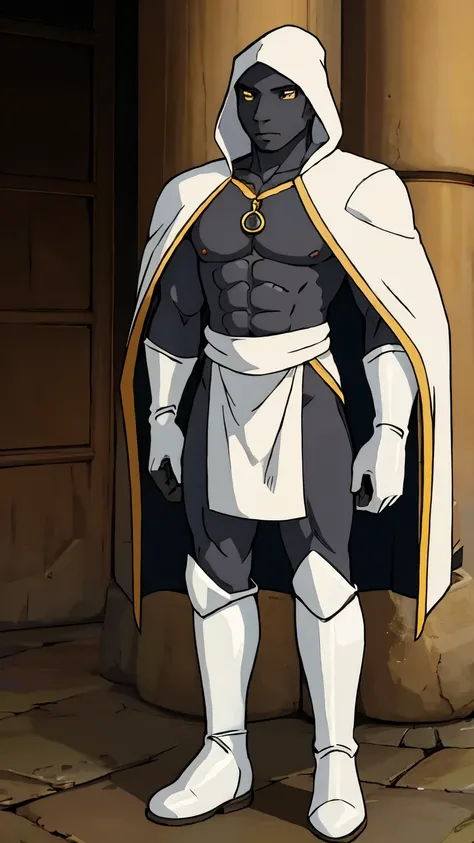 a dark African man wearing a grey spandex with a white cape attached to his shoulder with a white rubber boot on his feets, having an ankh emblem in the middle of his chest