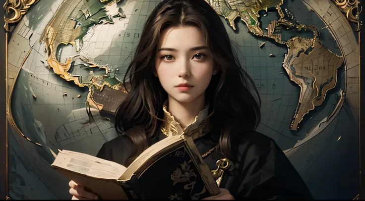 A beautiful woman stands with one hand on an ancient document and looks at the camera with a serious expression. Twenty years old. Dark brown hair. A map depicting a legendary continent exists in the space behind her.