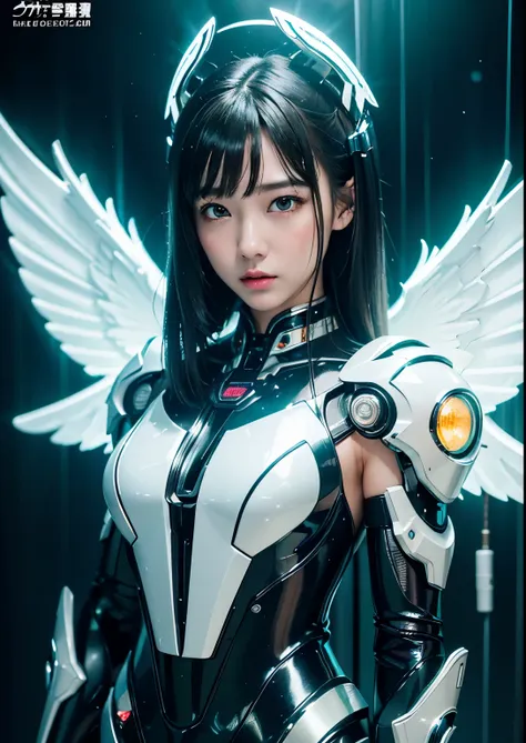 highest quality、masterpiece、ultra high resolution、(lifelike:1.4)、original photo、Robot Angel Battle、large wings made of metal、White porcelain body、Transparent acrylic cover、cana、glowing skin、1 chica ·、((Super realistic details))、Potrat、global illumination、s...