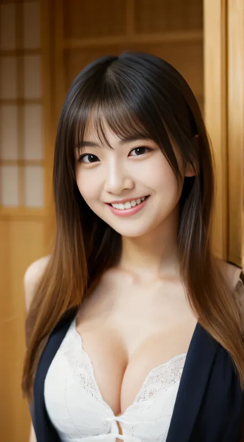 masterpiece,best quality,(Japanese ),((Beautiful girl)),cleavage,indoor,(perfect body beauty:1.2),(shy smile),beautiful teeth,