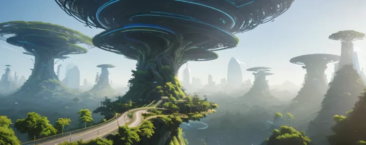 There is a picture of a future city，There is a tree in the foreground, beautiful future city, future cityscape, Cyberpunk Treehouse, alien trees, Futuristic concept art, Made of trees and fantasy valley, Virtual universe concept art, weird alien trees, 202...