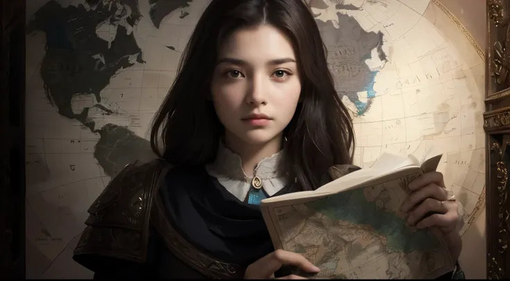 A beautiful woman stands with one hand on an ancient document and looks at the camera with a serious expression. Twenty years old. Dark brown hair. A map depicting a legendary continent exists in the space behind her.