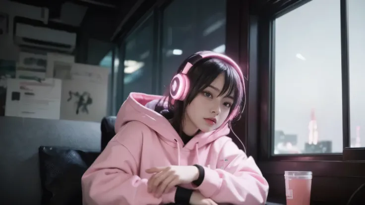 arafed woman with headphones sitting in front of a window, lofi girl, dreamy cyberpunk girl, Cyberpunk anime girl wearing a hoodie, pink headphones, with headphones, e-girl, e girl, with headphones, girl wearing headphones, cyberpunk atmosphere, lofi girl ...