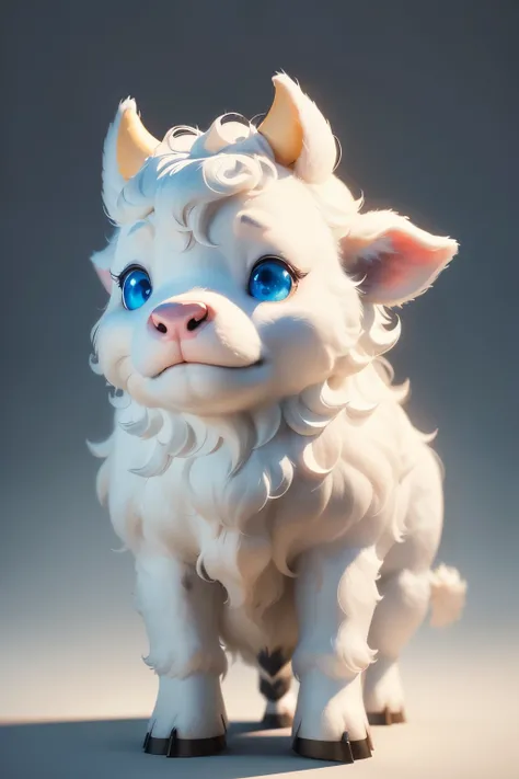 A super cute cow humanoid image with a charming expression and large, expressive eyes. Its body is covered in a soft, fluffy coat of white fur, contrasting beautifully against the blue-white gradient background. The advanced natural color scheme showcases ...