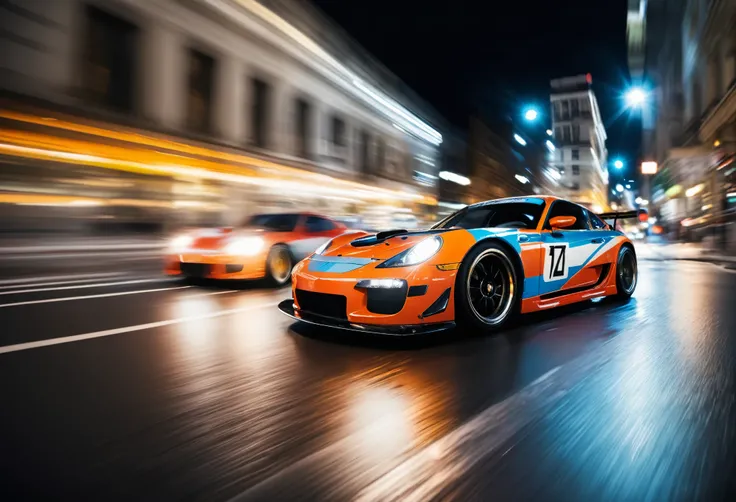 Racing cars at night in the city streets with (motion blur)