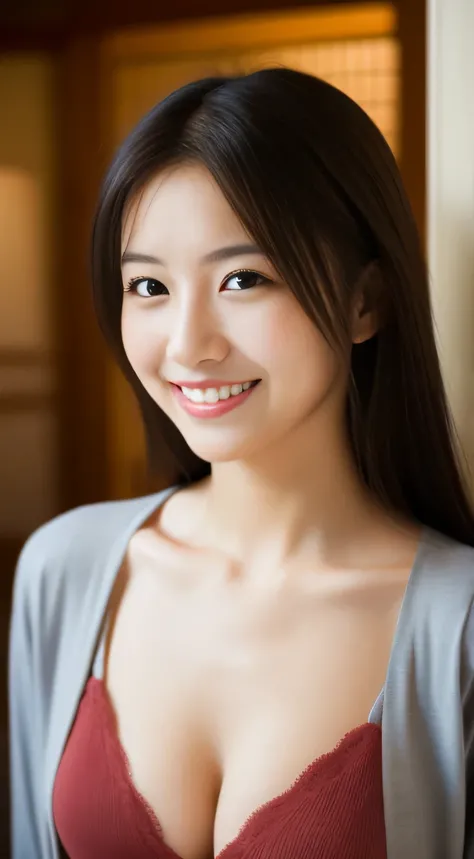 masterpiece,best quality,(Japanese ),((Beautiful girl)),cleavage,indoor,(perfect body beauty:1.2),(shy smile),beautiful teeth,