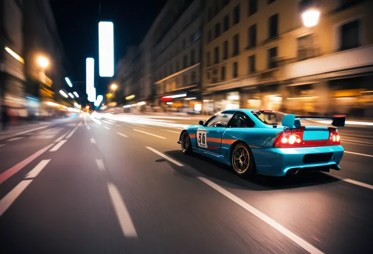 Racing cars at night in the city streets with (motion blur)