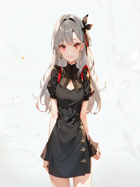 smiling girl,black dress,gray hair,black ribbon on head,red decoration,mature,