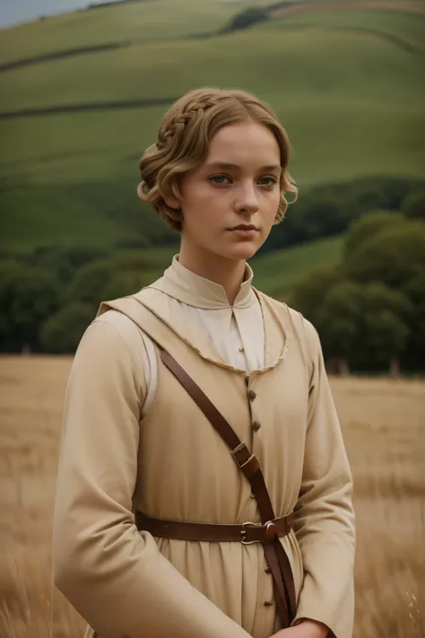 England, 1346. A young ((((29-year-old)) Caris Wooler)), attractive, expressive eyes, in an arid field, ((determined expression)). (((boy clothings from the 1340s)))), ((light chestnut bob hairstyle of the 1340s))