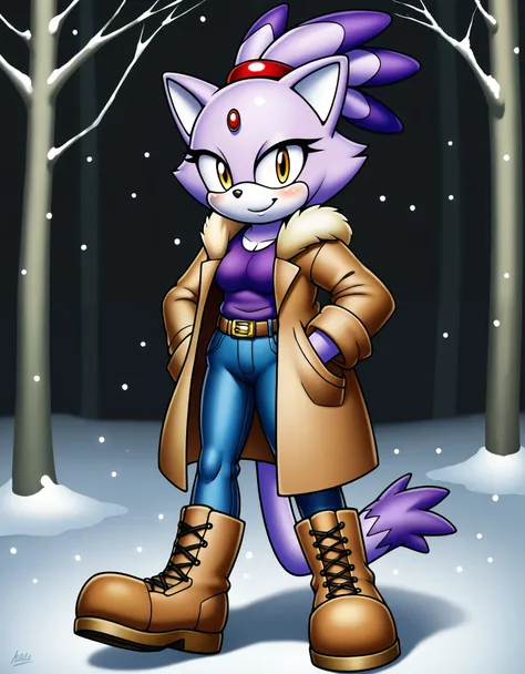 score_9, score_8_up, score_7_up, ((Masterpiece)), high quality, studio quality, 1girl, Blaze the cat, yellow eyes, black jeans, boots, looking at viewer, hands in pockets, belt, :3, blush, fur-trimmed coat, forest, snowing, snowflakes, walking