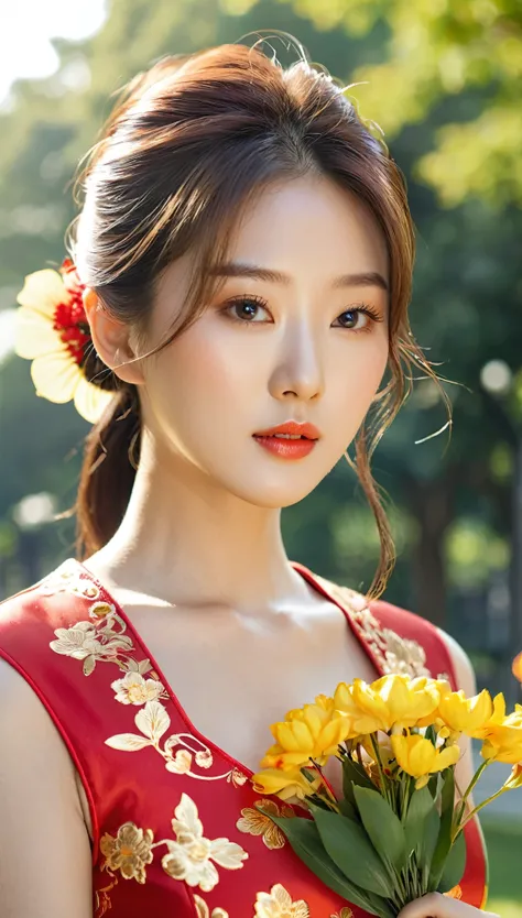 close-up shot of beautiful korean female, 36 inch breasts size, straight hair, wearing red gold  qipao holding flower, in the park, under the sun 