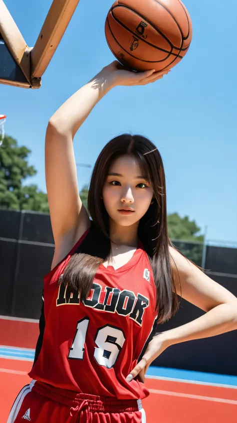 close-up shot of beautiful korean female, 36 inch breasts size, straight hair, wearing black red basketball jersey, holding basketball ball, in basketball court, under the sun