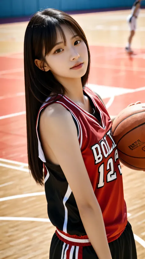 close-up shot of beautiful korean female, 36 inch breasts size, straight hair, wearing black red basketball jersey, holding basketball ball, in basketball court, under the sun