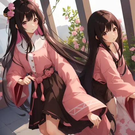 1 female, mature, long black hair with pink highlights, brown eyes, hime style bangs, black and pink clothes