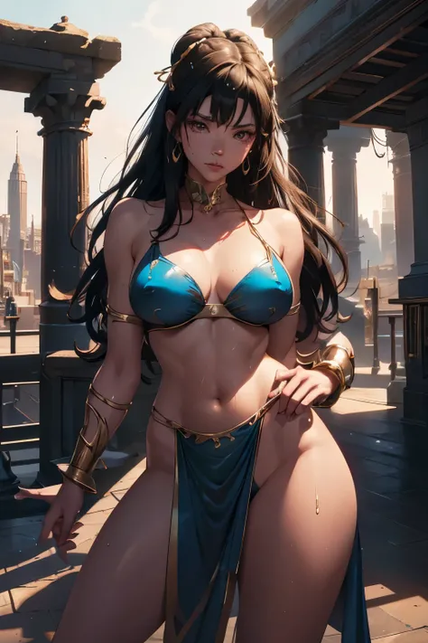 beautiful alluring brawler woman, sweaty skin, barely clotrhed, thick athletic body, blue revealing outfit with gold ornaments, outside a temple, fantasy Theme, Fiverr Dnd Character, Octane Render, Digital Art, Extreme Detail, 4k, Ultra Hd, Polished, Beaut...