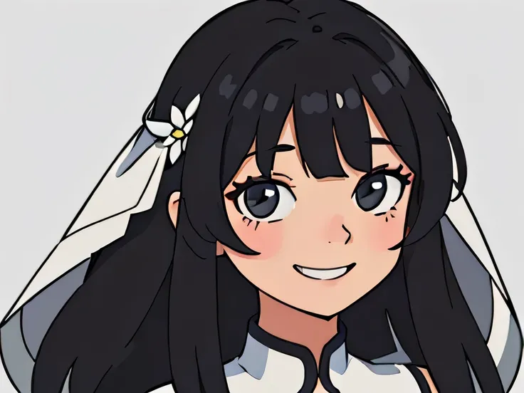 Illustration of a girl having long black hair, with bangs wearing a wedding dress, posing for a picture ,smiling slightly full body portrait
