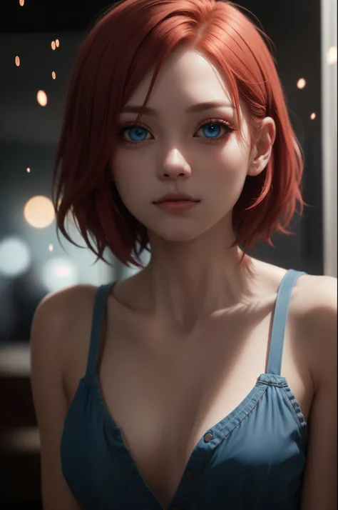 Light particles, soft lighting, volumetric lighting,
1girl, single,
red hair, short hair,
Blue eyes, long eyelashes, thick eyelashes, looking at the scenes,