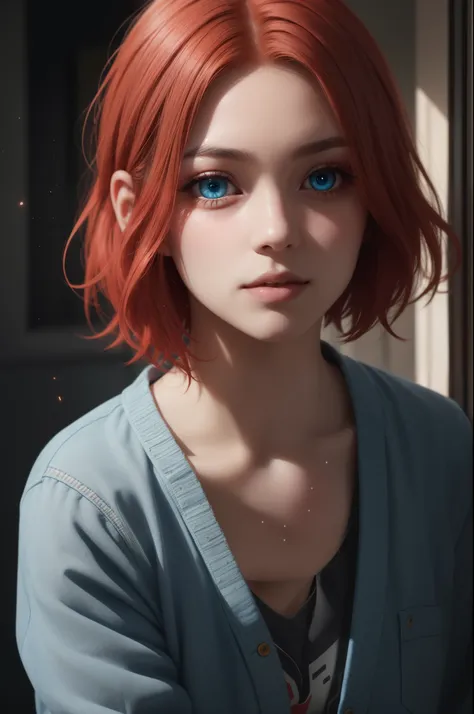 Light particles, soft lighting, volumetric lighting,
1girl, single,
red hair, short hair,
Blue eyes, long eyelashes, thick eyelashes, looking at the scenes,