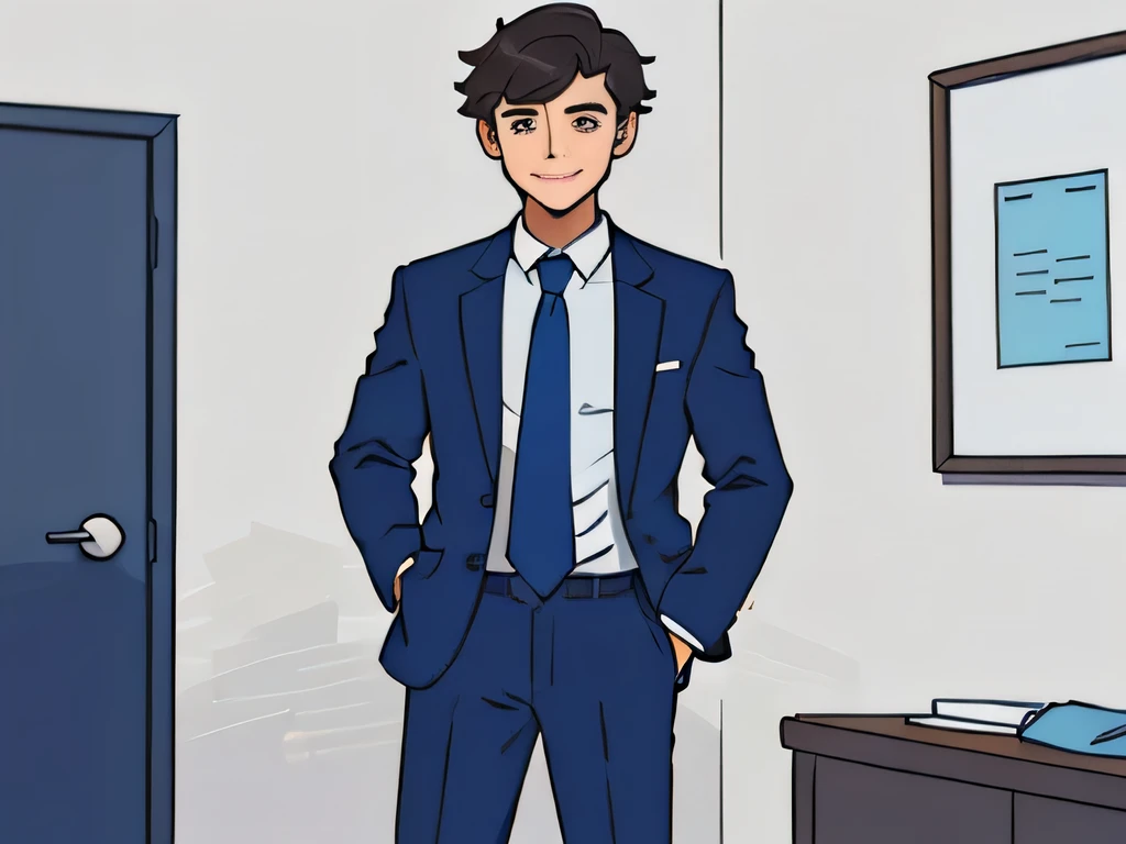 illustration of a boy having short messy hair, wearing a suit, standing straight, smiling slightly, posing for a picture