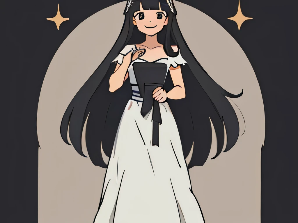 Illustration of a girl having long black hair, with bangs wearing a wedding dress, posing for a picture ,smiling slightly full body portrait
