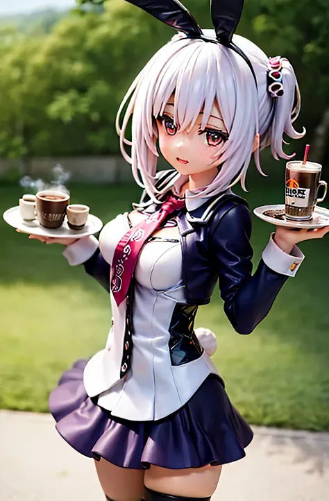 Anime girl with bunny ears holding a tray and a cup of coffee, seductive anime girl, auburn, fleet collection style, biomechanical auburn, hot coffee, , morning coffee, author：Kentaro Miura, Anime girl drinking energy drink, Pixiv 3DCG, From Girls Frontlin...