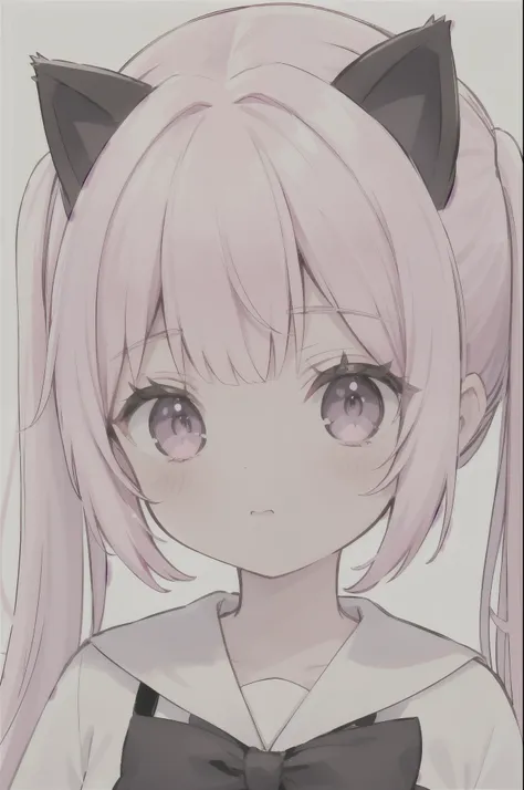 upper body, big face, cat girl, Girl with cat ears, pink hair, Two low ponytails, Black , white tie, dark pink tail, purple eyes, White background
