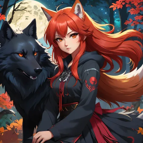 garota de anime com cabelos ruivos e olhos vermelhos sentada ao lado de um lobo negro, holo is a wolf girl, holo se uma garota lobo, estilo anime 4k, raposa e arbusto, anime style illustration, Lindo estilo de arte de anime, estilo de arte de anime de alta...