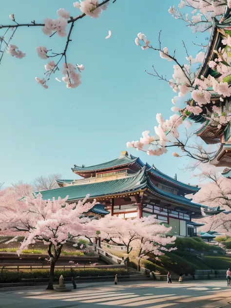 Overlooking a building with a green roof and several pink flowers, Korean traditional palace, , japanese temples, Cherry blossoms tree in background, Cherry blossomss, Japan travel aesthetic, chinese palace, Cherry blossoms trees, japanese temple, nice pic...