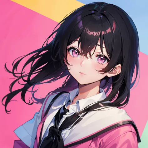 black hair, pink , upper body, big face, school background