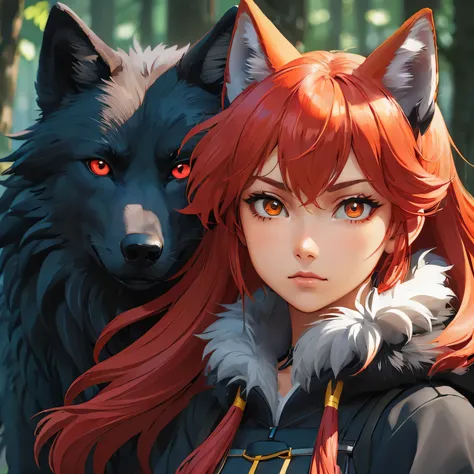 anime girl with red hair and red eyes standing next to a wolf, holo is a wolf girl, estilo de arte de anime realista, arte digital detalhada de anime, Estilo de arte anime realista, anime digital illustration, anime em estilo fantasia, Wlop e Sakimichan, e...