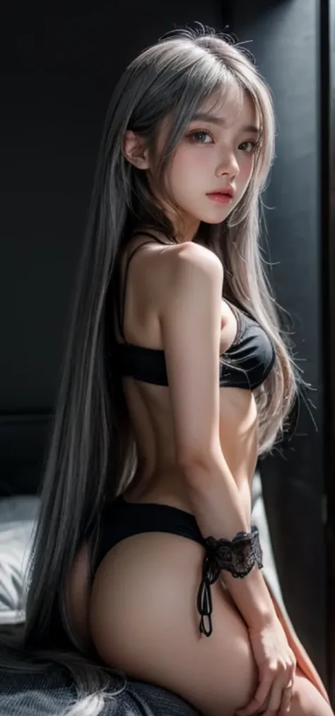 black underwear,{{Normal position}},{{{straight hair}}},open thighs,sitting on the bed,アーモンドshapeの目,{{{{{silver eyes}}}}},{{{{{dull bangs}}}}},(slanted eyes},{{{Silvery pubic hair}}},{{whole body},{{{1 girl}}}, long hair, straight hair,{{{{silver hair}}}},...