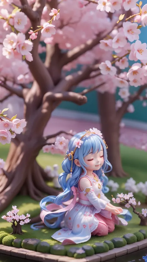 Magic garden miniature scene, delicate cherry blossoms、Softly glowing cherry tree、Illuminated by happy smiling miniatures. 8K Autorealist,Cherry tree in full bloom、girl cherry blossom fairy、、3 heads and bodies、back view、blue sky、garden、sleeping leaning aga...