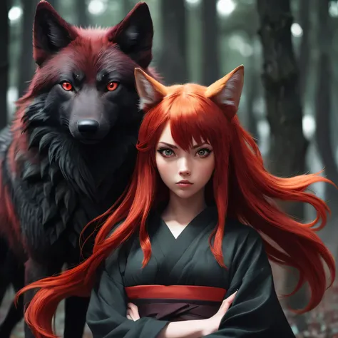 anime girl with red hair and red eyes standing next to a wolf, anime realista artstyle, anime realista art style, Estilo Anime 4 k, Estilo de realismo de anime, anime realista 3 d style, anime em estilo fantasia, anime 3d realista, Alena Aenami e Artgerm, ...