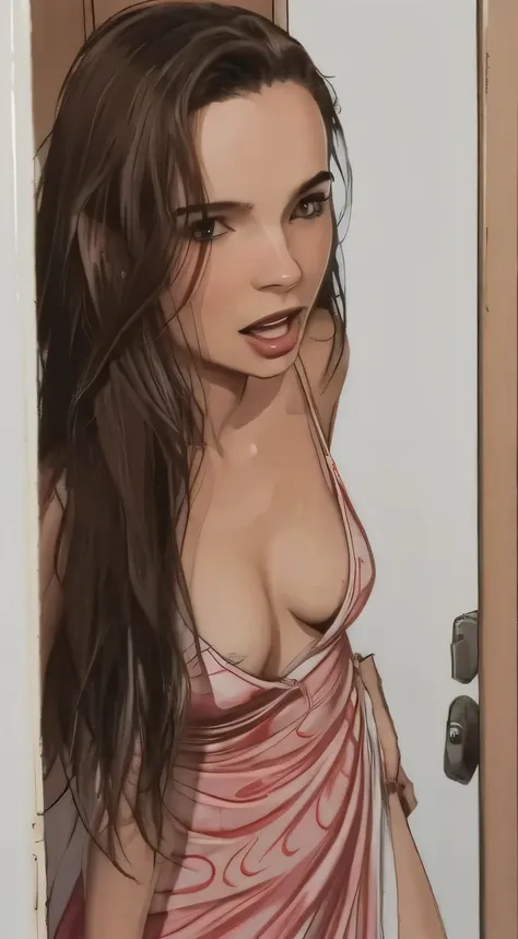 close-up, looking at viewer, girl in, age30, Solo, Aesthetic artwork, irish, ((tailbone-length very long brown hair)), A-cup, runners body, (gape, textured skin, skin pores, open mouth:1.1), goosebumps, in a red sundress, downblouse, sexy, taking a close-u...