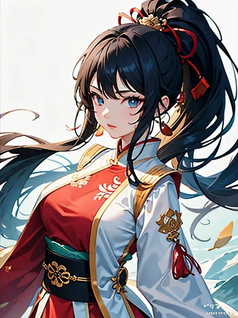 girl, ancient chinese costume, whole body, sunlight, aggressive look, ponytail, masterpiece, Super detailed, magnificent composition, ultra hd, high quality, very detailed, official art, uniform 8k wallpaper, Super detailed, 32k、Shiny black hair、blue eyear...