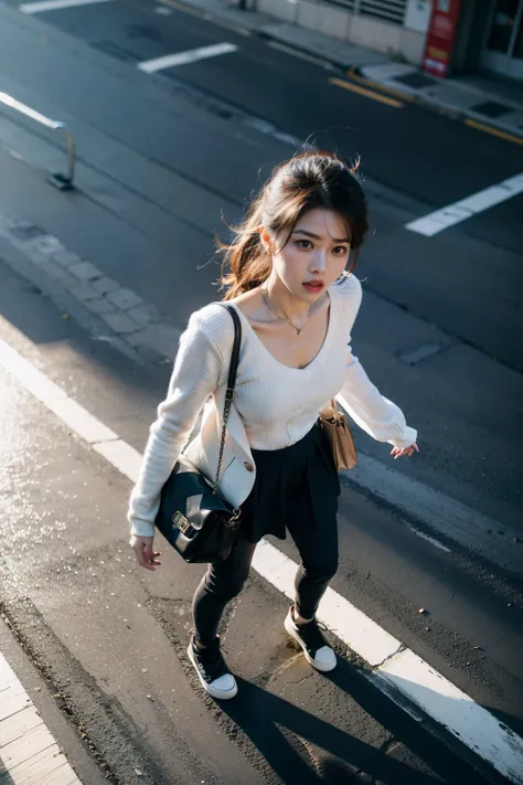 woman，crossing road，overhead shot，reality，bag