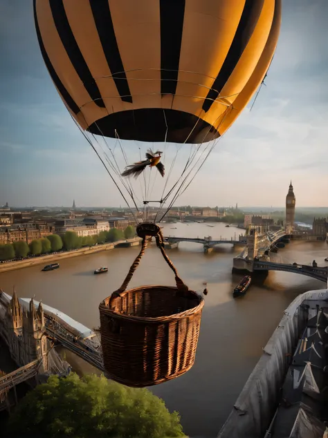 Streets of the Thames in Victorian London, England，There is a hot air balloon floating at the height of the roof in the close shot，The hot air balloon occupies half of the frame，There is a child sitting in the basket of a hot air balloon，The picture angle ...