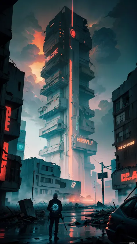 In an anime artwork picture, visualize an old man holding an AK47 in a destroyed city after a nuclear blast. The scene should be depicted in a neon noir style, which emphasizes vibrant neon lights and dark atmospheres. The artwork should showcase highly de...